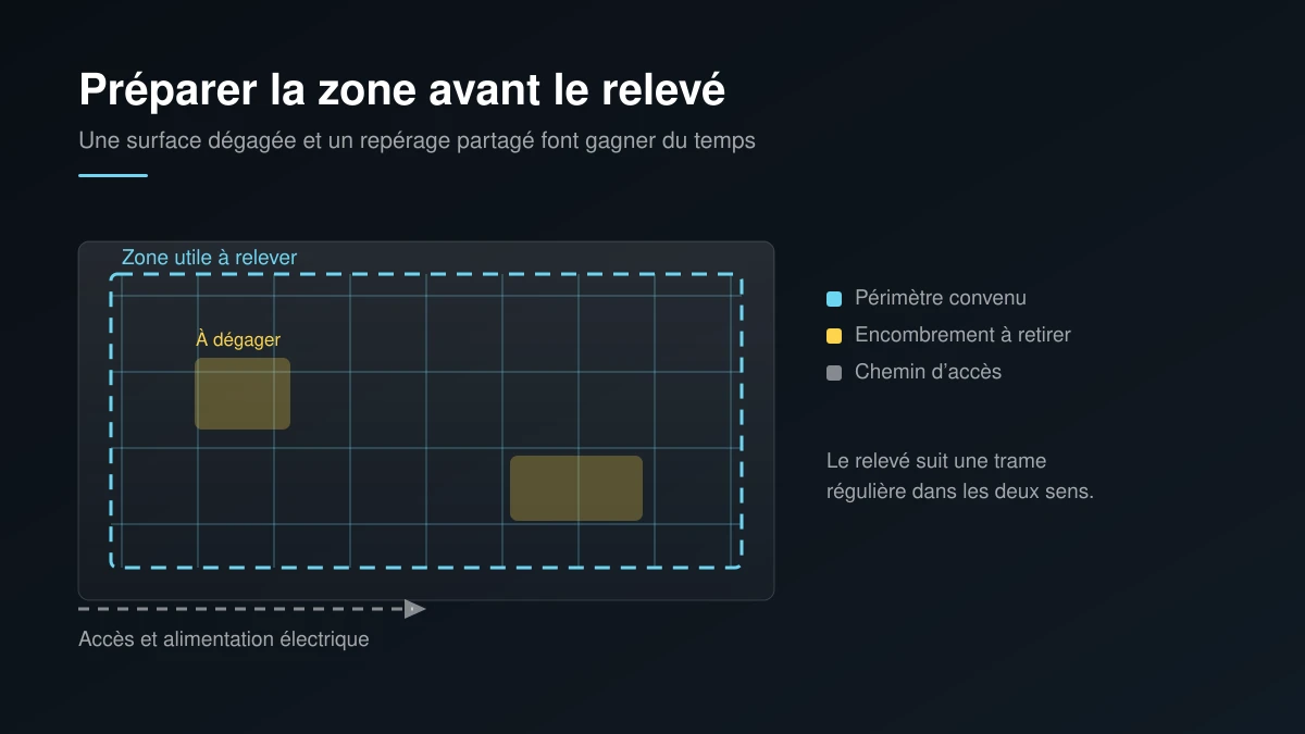 Vue en plan d’une zone à relever, avec périmètre convenu, encombrements à retirer et chemin d’accès marqué